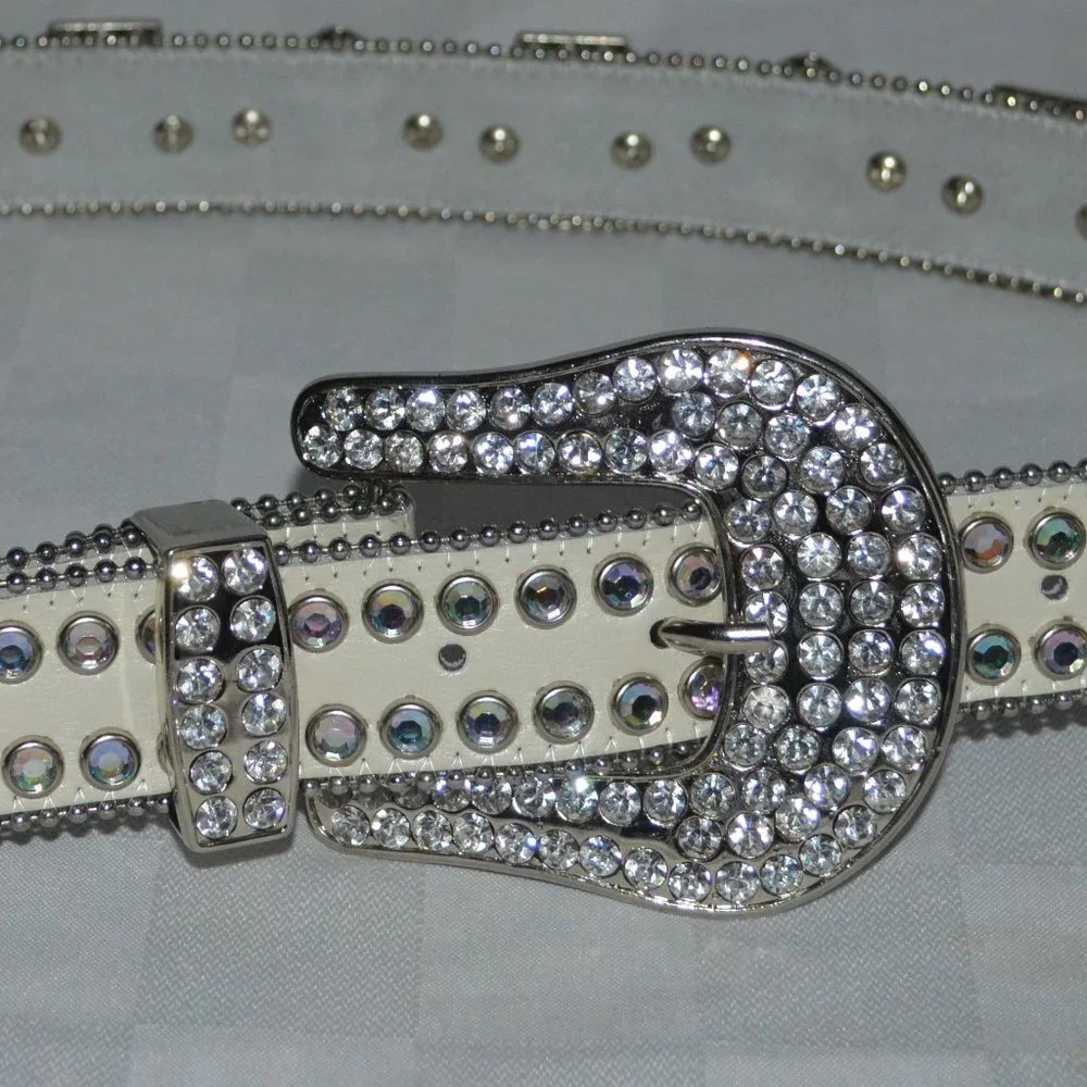 Sz S White Leather Swarovski Crystal Hearts Crosses Belt and Buckle